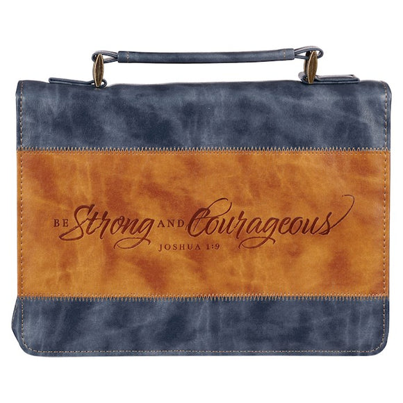 Bible Cover-Classic Navy/Brown Strong & Courageous Josh. 1:9-Large
