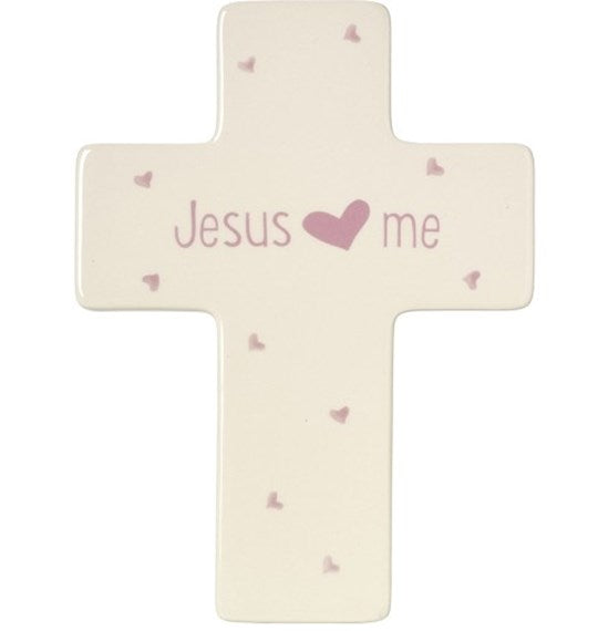 Precious Moments Jesus Loves Me ceramic Cross - pink
