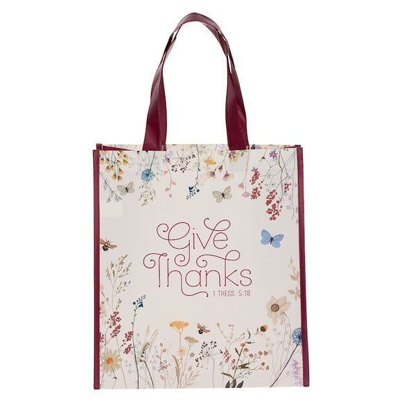 Tote Bag-Give Thanks-Burgundy/White Floral