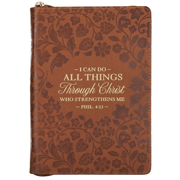 Journal-Classic w/Zip-Brown Floral-All Things-Phil. 4:13