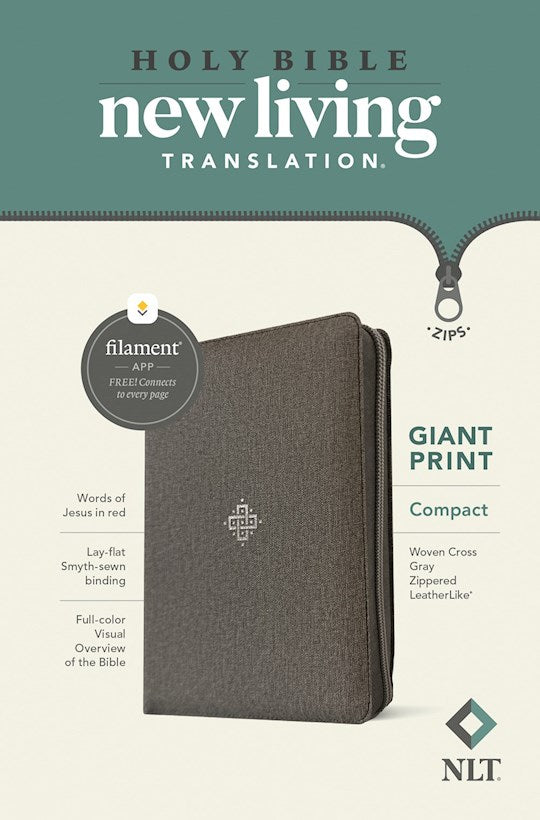 NLT Compact Giant Print Bible, Filament-Enabled w/Zipper-Woven Cross Gray LeatherLike