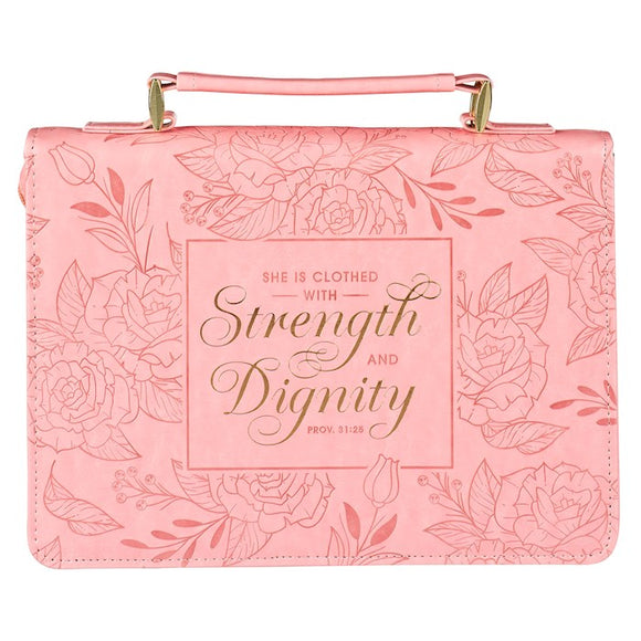 Bible Cover-Fashion Pink Floral Strength & Dignity Prov. 31:25-LRG