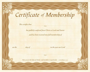 Church Membership Certificate Parchment (Pack Of 6)