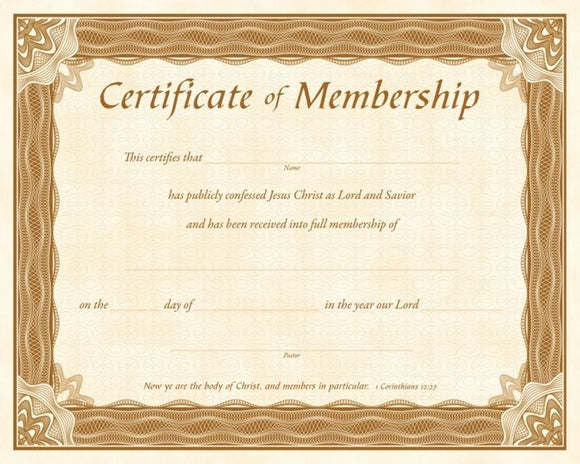 Church Membership Certificate Parchment (Pack Of 6)