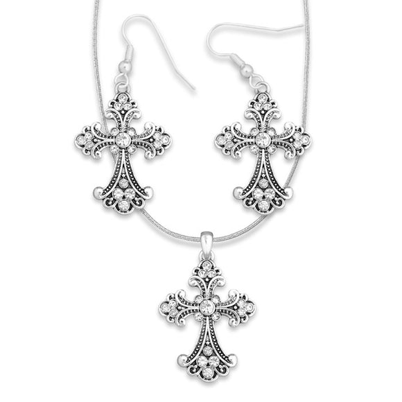 Necklace & Earring Set-Cross w/Dot Curl Design (18