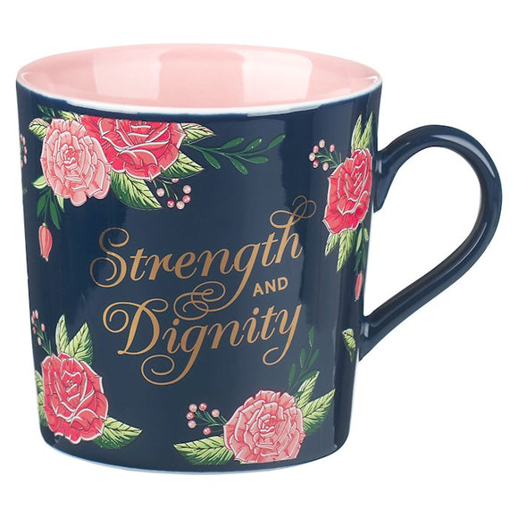 Mug-Pink/Navy Floral Strength & Dignity Prov. 31:25