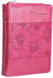 Bible Cover-With God/Pink Orchid-Large-Pink Luxleather