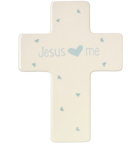 Precious Moments Jesus Loves Me ceramic Cross - blue