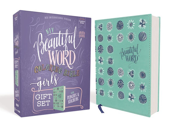 NIV Beautiful Word Coloring Bible For Girls Pencil/Sticker Gift Set (Comfort Print)-Teal LeatherSoft Over Board