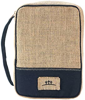 Three Crosses Navy Blue Thinline Burlap Jute Bible Cover with Handle