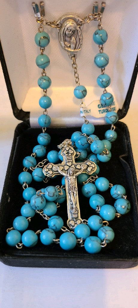 Rosary Necklace with Cross - Turquoise